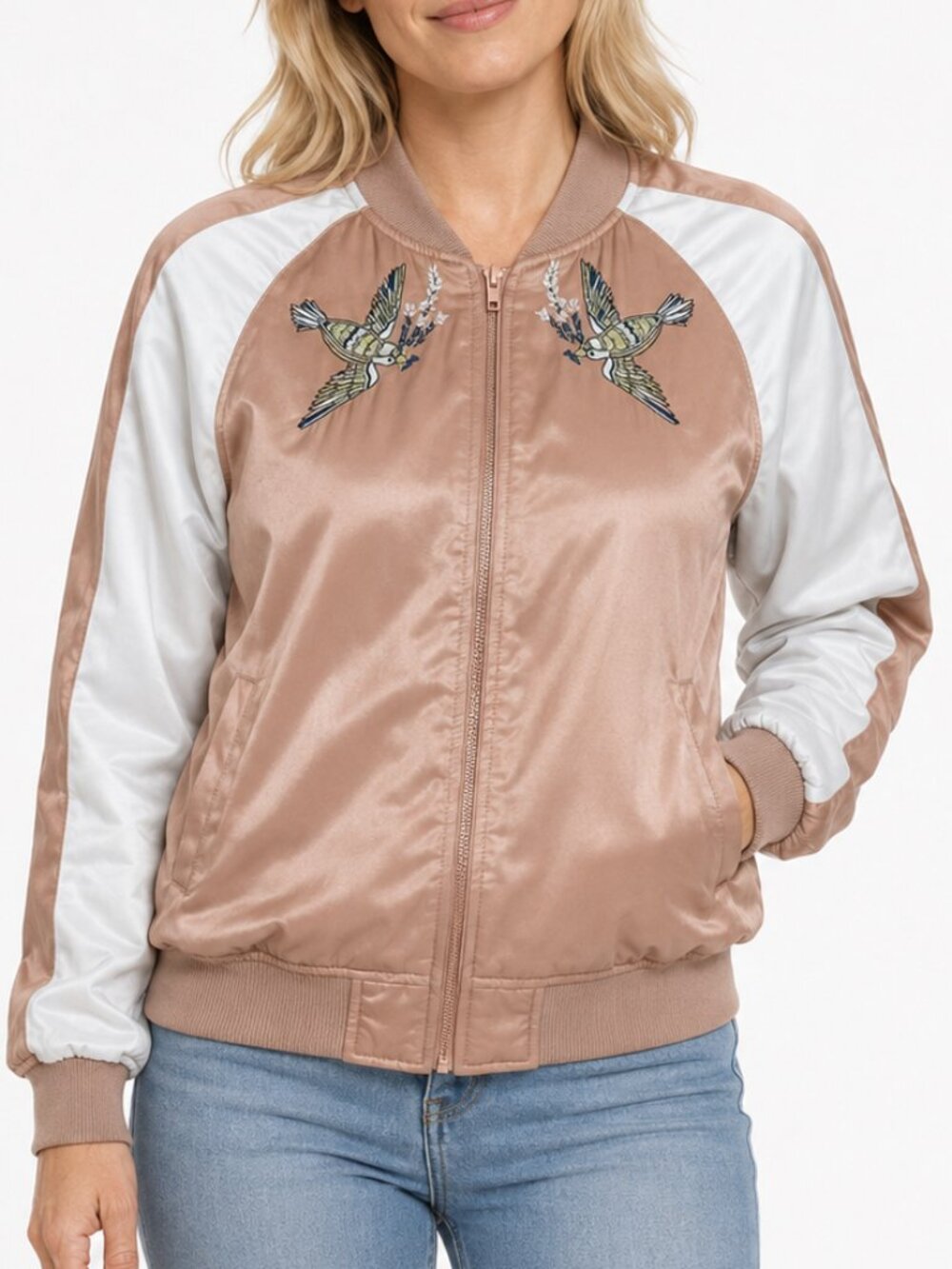 Kendall & Kylie Bomber Jacket Sz S-M-L Women's FREEDOM Birds Satin Zip NEW